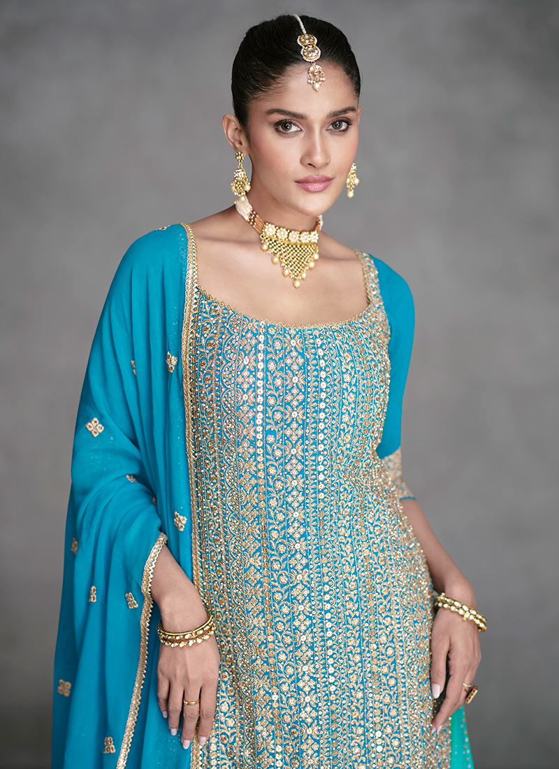 Women dark sky blue georgette embroidered designer plazzo suit